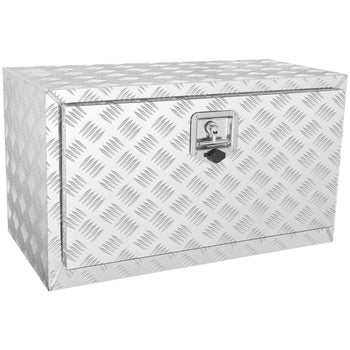 Silver aluminum diamond plate storage chest with a secure latch and key, ideal for outdoor use or tool storage.