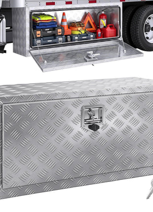 Silver aluminum diamond plate truck tool box with secure lock, ideal for storing tools and equipment.