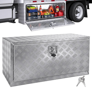 Silver aluminum diamond plate truck tool box with secure lock, ideal for storing tools and equipment.