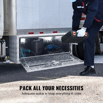 Aluminum underbody tool box with diamond plate finish, silver, ideal for trucks, providing ample storage space.