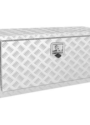 Silver diamond plate storage chest with lock, durable aluminum material, perfect for outdoor use or garage organization.