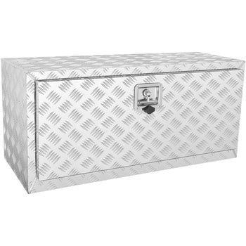 Silver diamond plate storage chest with lock, durable aluminum material, perfect for outdoor use or garage organization.