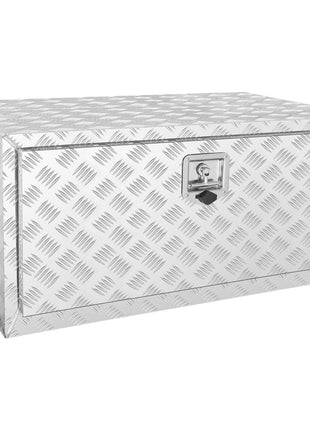 Silver diamond-plate metal storage box with lockable latch, perfect for secure organization and stylish décor.