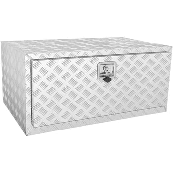 Silver diamond-plate metal storage box with lockable latch, perfect for secure organization and stylish décor.