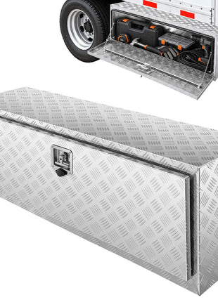 Silver aluminum diamond plate truck tool box with lock, ideal for secure storage and organization, 72 inches long.