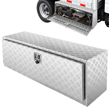 Silver aluminum diamond plate truck tool box with lock, ideal for secure storage and organization, 72 inches long.