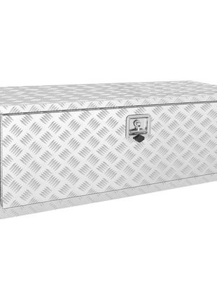 Silver aluminum diamond plate storage trunk with a lock, perfect for outdoor gear and tools. Durable and stylish design.