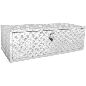 Silver aluminum diamond plate storage trunk with a lock, perfect for outdoor gear and tools. Durable and stylish design.