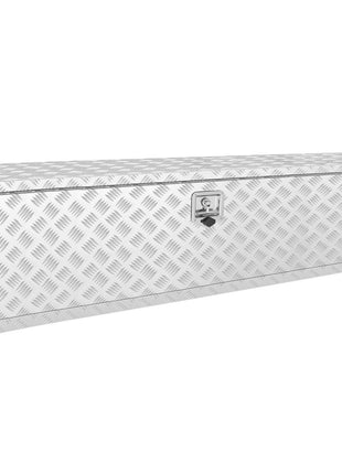 Silver aluminum diamond plate storage box with secure latch, ideal for outdoor or garage organization.