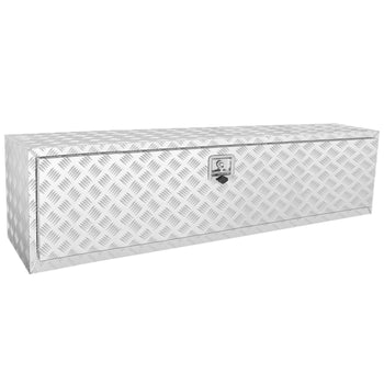 Silver aluminum diamond plate storage box with secure latch, ideal for outdoor or garage organization.