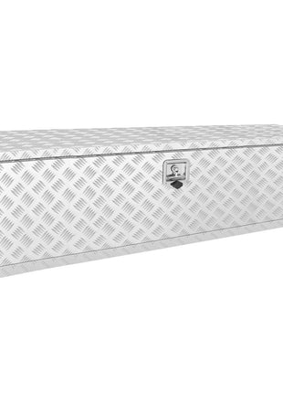 Silver diamond plate aluminum storage box with a secure lock, perfect for tools and outdoor equipment.