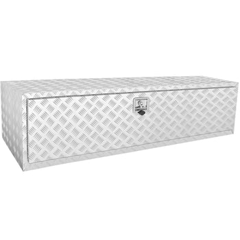 Silver diamond plate aluminum storage box with a secure lock, perfect for tools and outdoor equipment.