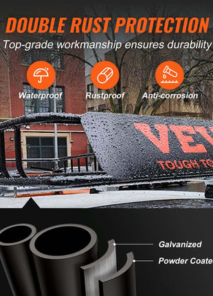 Durable black galvanized steel roof rack with powder coating for waterproof, rustproof, and anti-corrosion protection.