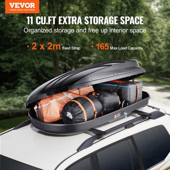 Rooftop Cargo Carrier, 11 Cubic Feet Roof Cargo Box, ABS Hard Shell Roof Box, with Dual-Sided Opening and 2 Reinforced Straps, Aerodynamic, Suitable for most Crossbar, for Car, Wagon, SUV, Black
