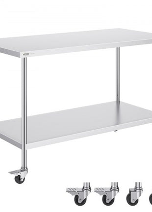 Stainless Steel Work Table 30 x 60 x 38 Inch, with 4 Wheels, 3 Adjustable Height Levels, Heavy Duty Food Prep Worktable for Commercial Kitchen Restaurant, Silver