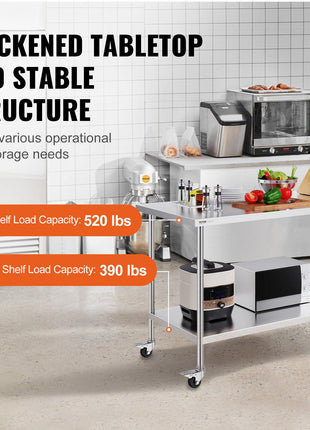 Stainless Steel Work Table 30 x 60 x 38 Inch, with 4 Wheels, 3 Adjustable Height Levels, Heavy Duty Food Prep Worktable for Commercial Kitchen Restaurant, Silver
