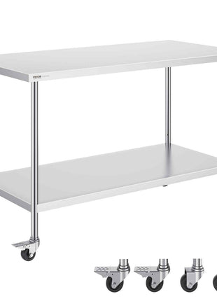 Stainless Steel Work Table 30 x 60 x 38 Inch, with 4 Wheels, 3 Adjustable Height Levels, Heavy Duty Food Prep Worktable for Commercial Kitchen Restaurant, Silver