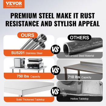 Stainless Steel Work Table 24 x 36 x 38 Inch, with 4 Wheels, 3 Adjustable Height Levels, Heavy Duty Food Prep Worktable for Commercial Kitchen Restaurant, Silver