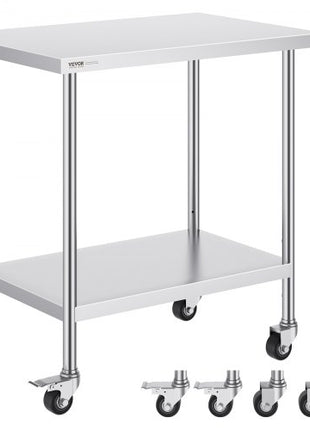 Stainless Steel Work Table 24 x 36 x 38 Inch, with 4 Wheels, 3 Adjustable Height Levels, Heavy Duty Food Prep Worktable for Commercial Kitchen Restaurant, Silver