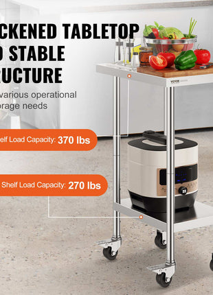 Stainless Steel Work Table 24 x 18 x 38 Inch, with 4 Wheels, 3 Adjustable Height Levels, Heavy Duty Food Prep Worktable for Commercial Kitchen Restaurant, Silver