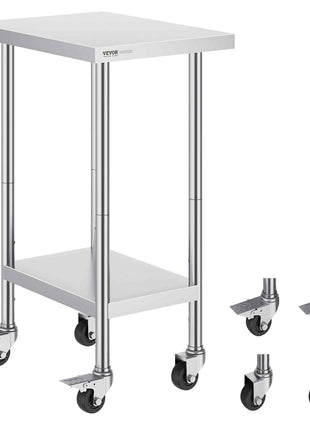 Stainless Steel Work Table 24 x 18 x 38 Inch, with 4 Wheels, 3 Adjustable Height Levels, Heavy Duty Food Prep Worktable for Commercial Kitchen Restaurant, Silver