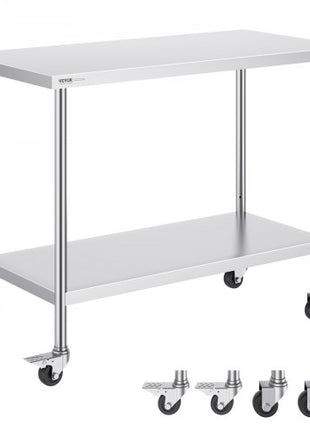 Stainless Steel Work Table 24 x 48 x 38 Inch, with 4 Wheels, 3 Adjustable Height Levels, Heavy Duty Food Prep Worktable for Commercial Kitchen Restaurant, Silver
