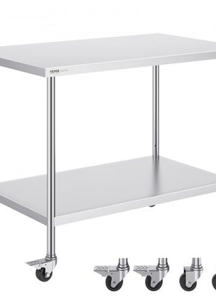 Stainless Steel Work Table 30 x 48 x 38 Inch, with 4 Wheels, 3 Adjustable Height Levels, Heavy Duty Food Prep Worktable for Commercial Kitchen Restaurant, Silver
