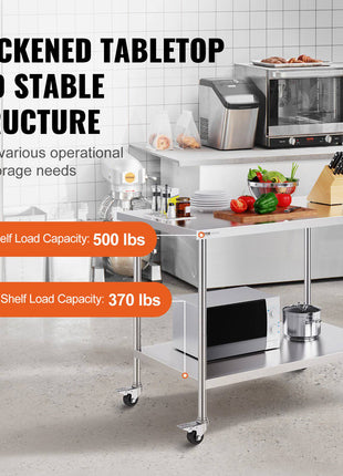 Stainless Steel Work Table 30 x 48 x 38 Inch, with 4 Wheels, 3 Adjustable Height Levels, Heavy Duty Food Prep Worktable for Commercial Kitchen Restaurant, Silver