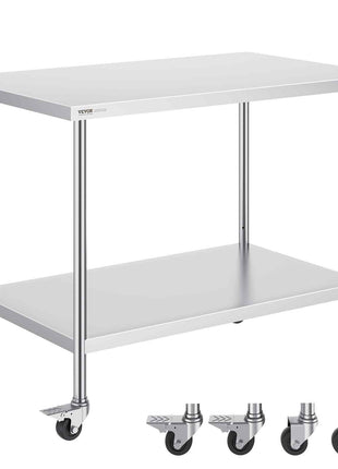 Stainless Steel Work Table 30 x 48 x 38 Inch, with 4 Wheels, 3 Adjustable Height Levels, Heavy Duty Food Prep Worktable for Commercial Kitchen Restaurant, Silver