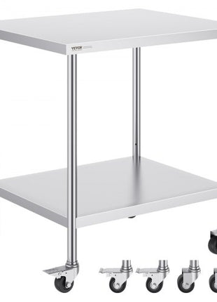 Stainless Steel Work Table 30 x 36 x 38 Inch, with 4 Wheels, 3 Adjustable Height Levels, Heavy Duty Food Prep Worktable for Commercial Kitchen Restaurant, Silver