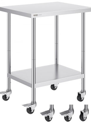 Stainless Steel Work Table 24 x 30 x 38 Inch, with 4 Wheels, 3 Adjustable Height Levels, Heavy Duty Food Prep Worktable for Commercial Kitchen Restaurant, Silver