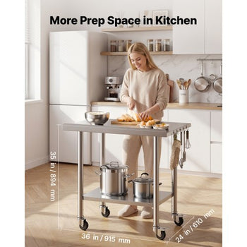 Stainless Steel Work Table, 24x36 inch Food Prep Table with Wheels and Backsplash, Commercial Kitchen Workstation with Adjustable Undershelf, Metal Utility Worktable, for Restaurant Home Outdoor