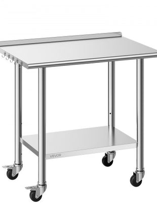 Stainless Steel Work Table, 24x36 inch Food Prep Table with Wheels and Backsplash, Commercial Kitchen Workstation with Adjustable Undershelf, Metal Utility Worktable, for Restaurant Home Outdoor