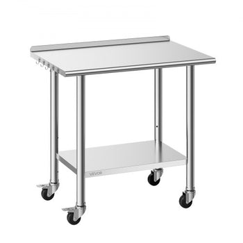 Stainless Steel Work Table, 24x36 inch Food Prep Table with Wheels and Backsplash, Commercial Kitchen Workstation with Adjustable Undershelf, Metal Utility Worktable, for Restaurant Home Outdoor