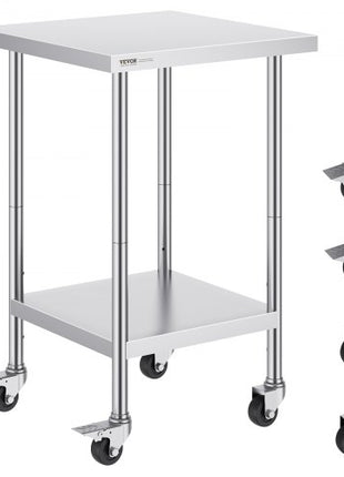 Stainless Steel Work Table 24 x 24 x 38 Inch, 700 LBS Load Capacity with 4 Wheels, 3 Adjustable Height Levels, Heavy Duty Food Prep Worktable for Commercial Kitchen Restaurant, Silver