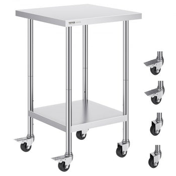Stainless Steel Work Table 24 x 24 x 38 Inch, 700 LBS Load Capacity with 4 Wheels, 3 Adjustable Height Levels, Heavy Duty Food Prep Worktable for Commercial Kitchen Restaurant, Silver