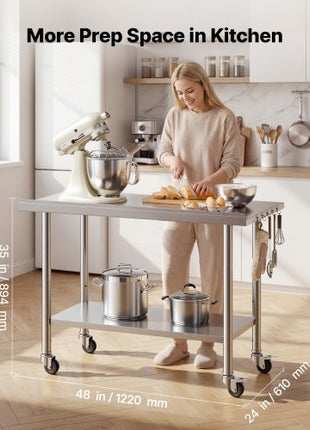 Stainless Steel Work Table, 24x48 inch Food Prep Table with Wheels, Commercial Kitchen Workstation with Adjustable Undershelf, Metal Heavy Duty Utility Worktable, for Restaurant Home Outdoor