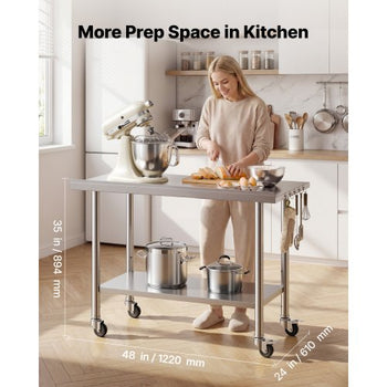 Stainless Steel Work Table, 24x48 inch Food Prep Table with Wheels, Commercial Kitchen Workstation with Adjustable Undershelf, Metal Heavy Duty Utility Worktable, for Restaurant Home Outdoor