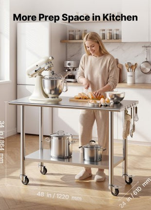 Stainless Steel Work Table, 24x48 inch Food Prep Table with Wheels, Commercial Kitchen Workstation with Adjustable Undershelf, Metal Utility Worktable, for Restaurant Home Outdoor
