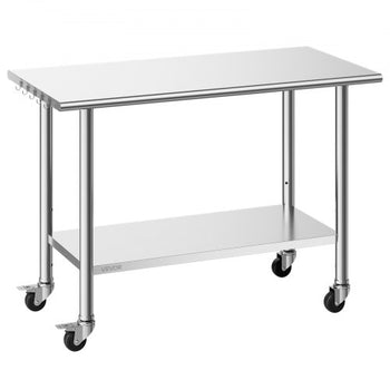 Stainless Steel Work Table, 24x48 inch Food Prep Table with Wheels, Commercial Kitchen Workstation with Adjustable Undershelf, Metal Utility Worktable, for Restaurant Home Outdoor