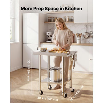 Stainless Steel Work Table, 24x30 inch Food Prep Table with Wheels and Backsplash, Commercial Kitchen Workstation with Adjustable Undershelf, Metal Utility Worktable, for Restaurant Home Outdoor