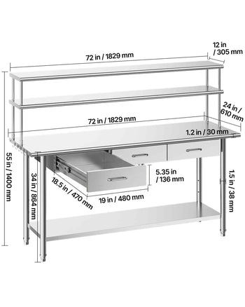 Stainless Steel Work Table, 24x72 Inch Food Prep Table with Overshelves and 3 Drawers, Commercial Kitchen Workstation with Adjustable Undershelf, Metal Utility Worktable, for Restaurant Garage