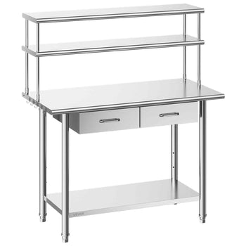 Stainless Steel Work Table, 24x48 Inch Food Prep Table with Overshelves and 2 Drawers, Commercial Kitchen Workstation with Adjustable Undershelf, Metal Utility Worktable, for Restaurant Garage