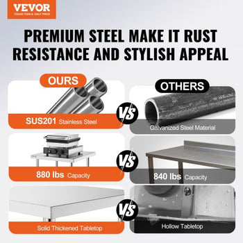 Stainless Steel Prep Table, 24 x 72 x 34 Inch, 880 lbs Load Capacity, Heavy Duty Metal Worktable with 3 Adjustable Height Levels, Commercial Workstation for Kitchen Garage Restaurant Backyard