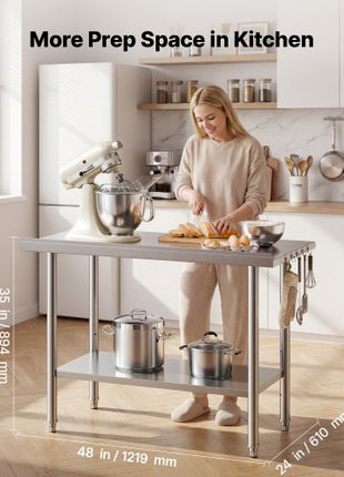 Stainless Steel Work Table, 24x48 Inch Food Prep Table with Backsplash, Commercial Kitchen Workstation with Adjustable Undershelf, Metal Heavy Duty Utility Worktable, for Restaurant Home Outdoor