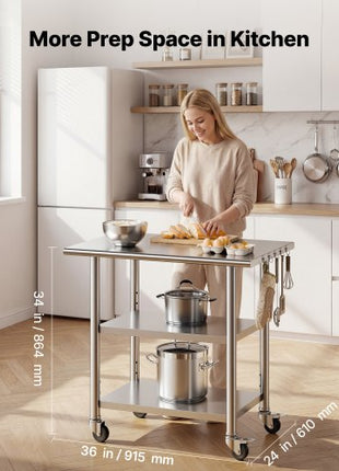 Stainless Steel Work Table, 24x36 Inch Food Prep Table with 2 Shelves and Wheels, Commercial Kitchen Workstation, Metal Heavy Duty Utility Worktable, for Restaurant Home Hotel Garage Outdoor