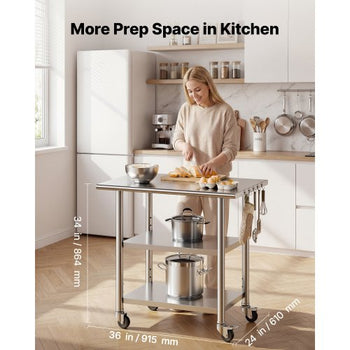 Stainless Steel Work Table, 24x36 Inch Food Prep Table with 2 Shelves and Wheels, Commercial Kitchen Workstation, Metal Heavy Duty Utility Worktable, for Restaurant Home Hotel Garage Outdoor