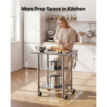 Stainless Steel Work Table, 24x30 Inch Food Prep Table with 2 Shelves and Wheels, Commercial Kitchen Workstation, Metal Heavy Duty Utility Worktable, for Restaurant Home Hotel Garage Outdoor