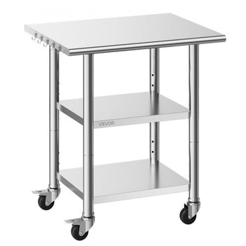 Stainless Steel Work Table, 24x30 Inch Food Prep Table with 2 Shelves and Wheels, Commercial Kitchen Workstation, Metal Heavy Duty Utility Worktable, for Restaurant Home Hotel Garage Outdoor