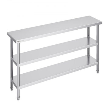Stainless Steel Food Prep Table, 14 x 60 x 34 Inch Commercial Kitchen Worktable, with 2 Adjustable Undershelf, Heavy Duty Prep Table Metal Work Table for BBQ, Kitchen, Home, and Garage